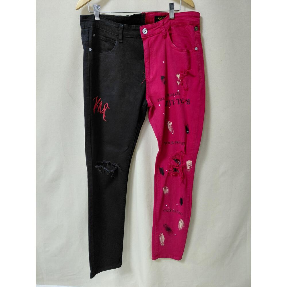 KLEEP Two-Tone Distressed Jeans Colorblock Denim Unisex Adults-See Measurements